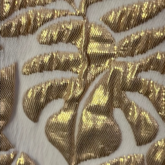 J. McLaughlin Champagne Metallic Palm Leaf Dress with Cap Sleeves V-Neck - Picture 5 of 9